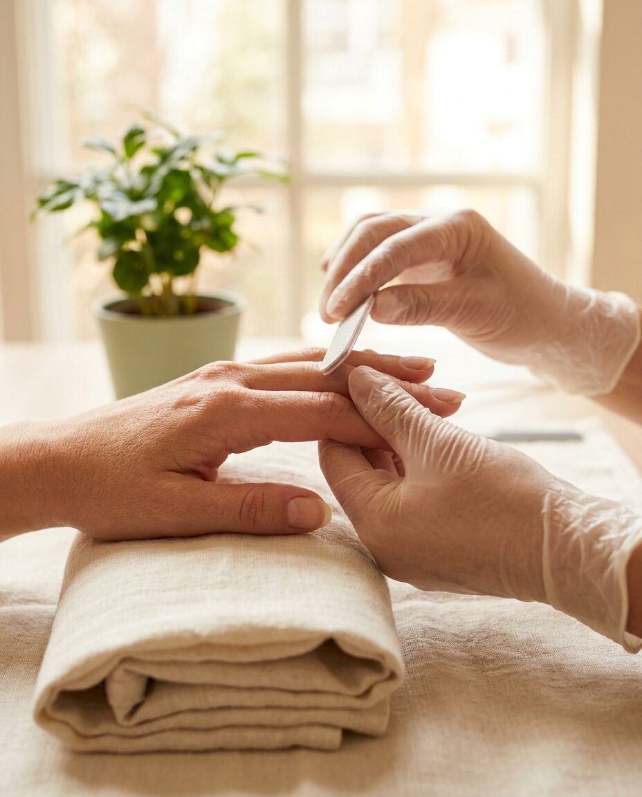 Nagels worden zorgvuldig gevijld tijdens een manicure